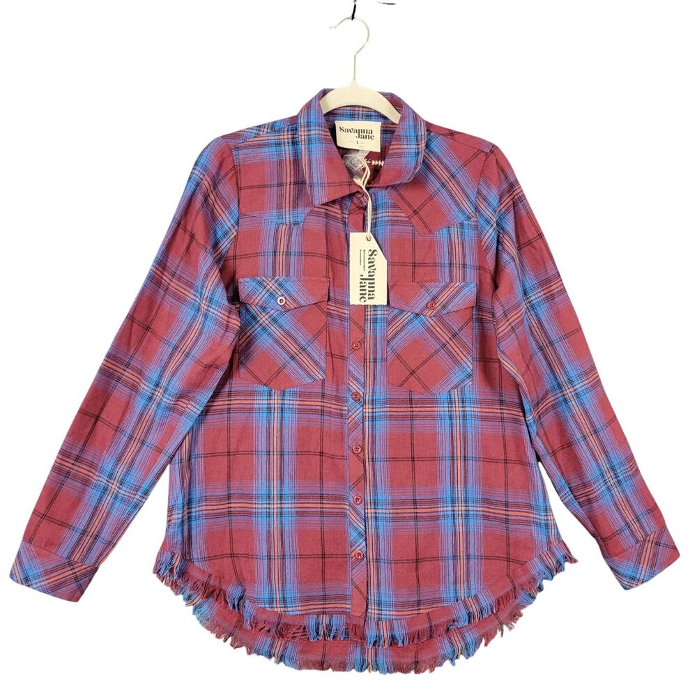 SAVANNA JANE Blue Red Plaid Western Embroidered Distress Button Shirt SIZE SMALL
